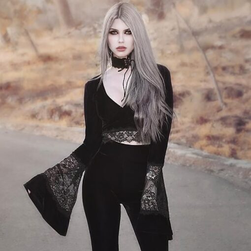 Elegant Gothic Long Sleeve Flare Lace Crop Top 3