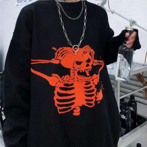 Gothic Punk Skull Printed Oversized Sweater  1
