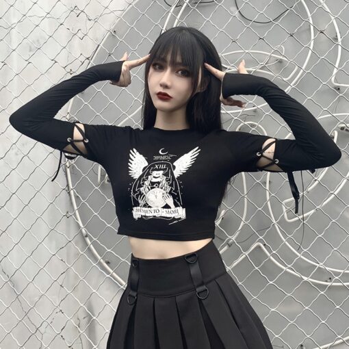 Gothic Witch Printed Long Sleeve Crop Top 2
