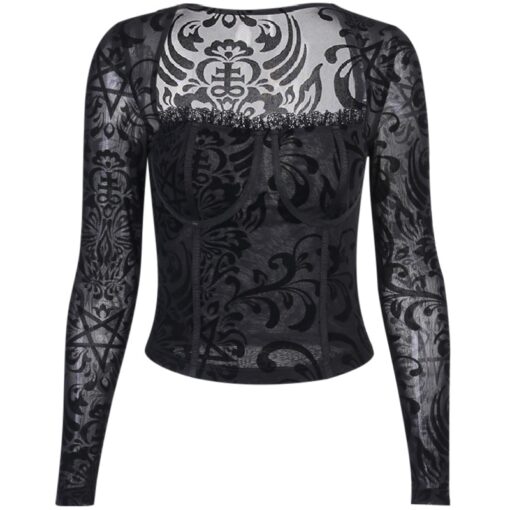 Vintage Sexy Black Gothic Mesh Long Sleeve Top 5