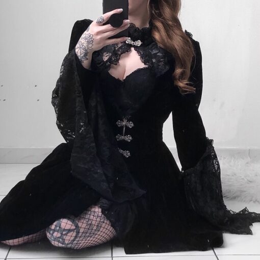 Enigmatic Vintage Black Velvet Gothic Dress  1