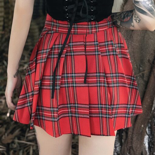 Red Plaid Pleated High Waist Gothic Mini Skirt 4