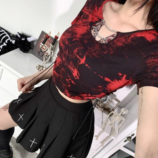 Gothic Red And Black Tie Dye with Chain Drawstring Crop Top 8