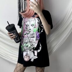 Pastel Goth Girl Print Harajuku Loose Long Tee Top 1