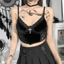 Vintage Sexy Black Aesthetic Gothic with Cross Lace Camisole Top 8