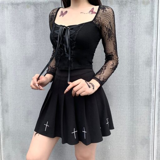 Vintage Elegant Black Lace Gothic Mesh Long Sleeve Top 3