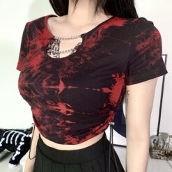 Gothic Red And Black Tie Dye with Chain Drawstring Crop Top 1