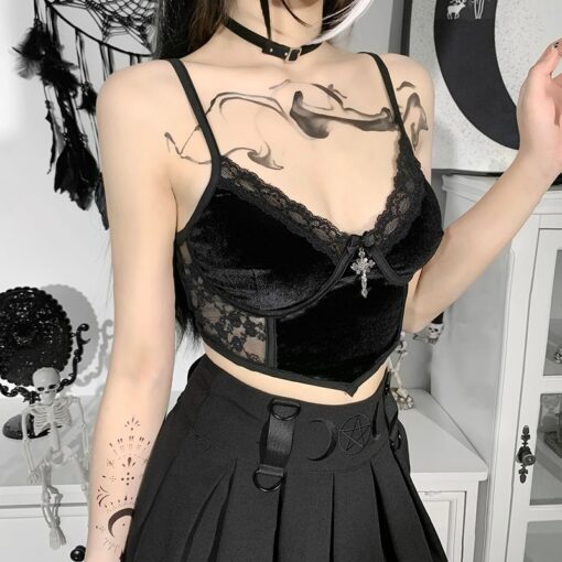 Vintage Sexy Black Aesthetic Gothic with Cross Lace Camisole Top 1
