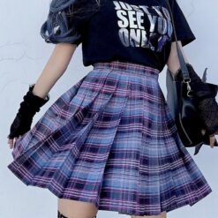 Pastel Goth High Waist Plaid Pleated Sexy Skirt (Many Colors) 11