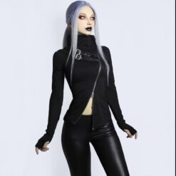 Punk Leather Gothic Zipper Turtleneck Long Sleeve Top 1