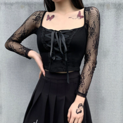 Vintage Elegant Black Lace Gothic Mesh Long Sleeve Top