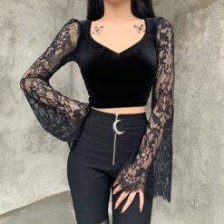 Gothic Sexy Lace Vintage Velvet Long Sleeve Crop Top 1