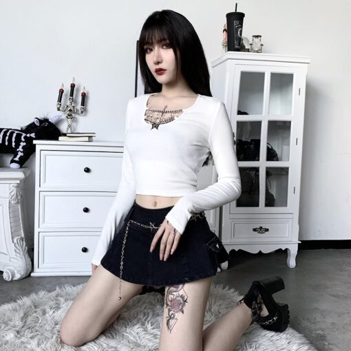 Knitted Cute Gothic Long Sleeve Crop Top 2