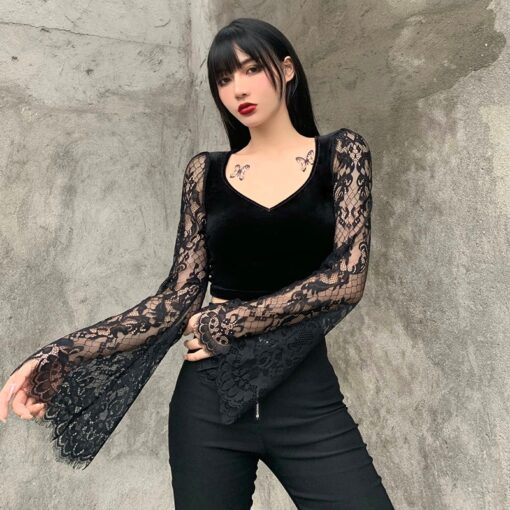 Gothic Sexy Lace Vintage Velvet Long Sleeve Crop Top 4