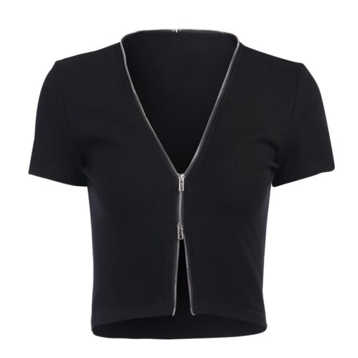 V-neck Short Sleeve Zipper Gothic Crop Top 5