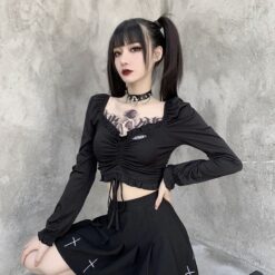 Cute Harajuku Gothic V-neck Long Sleeve Crop Top 1