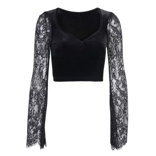 Gothic Sexy Lace Vintage Velvet Long Sleeve Crop Top 5