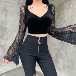 Gothic Sexy Lace Vintage Velvet Long Sleeve Crop Top 8