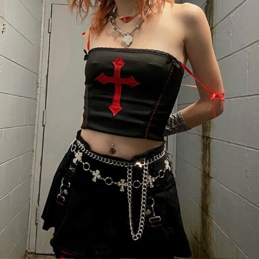 Gothic Red Cross Lace Up Crop Top 3