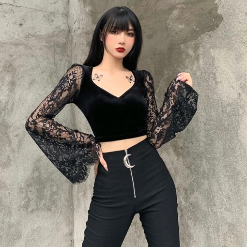 Gothic Sexy Lace Vintage Velvet Long Sleeve Crop Top 3