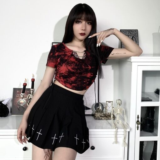 Gothic Red And Black Tie Dye with Chain Drawstring Crop Top 4