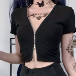 V-neck Short Sleeve Zipper Gothic Crop Top 8