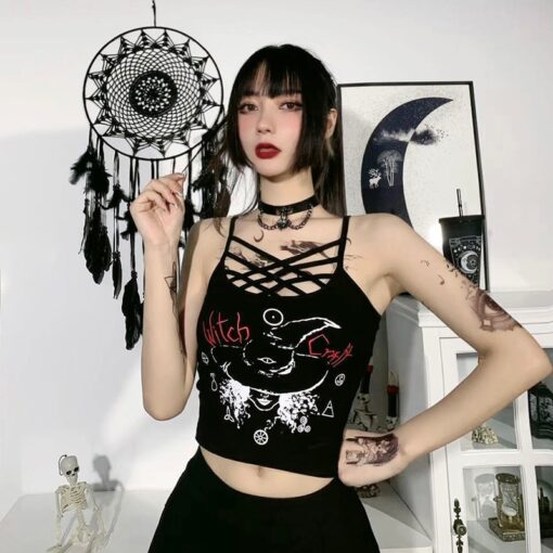 InsGoth Mall Goth Sexy Black Camis Y2K E Girl Hollow Out Bodycon Camisole Harajuku Punk Backless Women Summer Cropped Tops 3